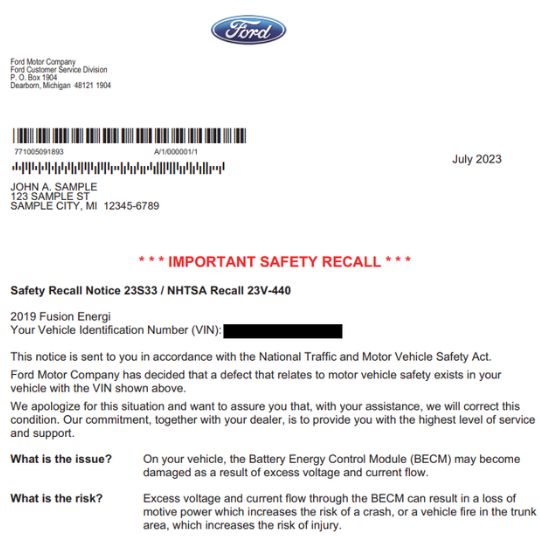 ford fusion energi recall information