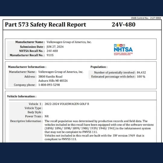 vw backup camera recall information