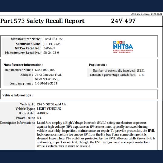 lucid air power loss recall information