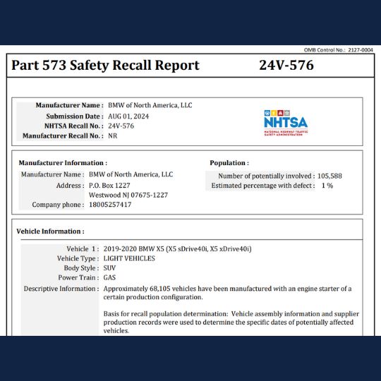 BMW Starter Motor Recall information