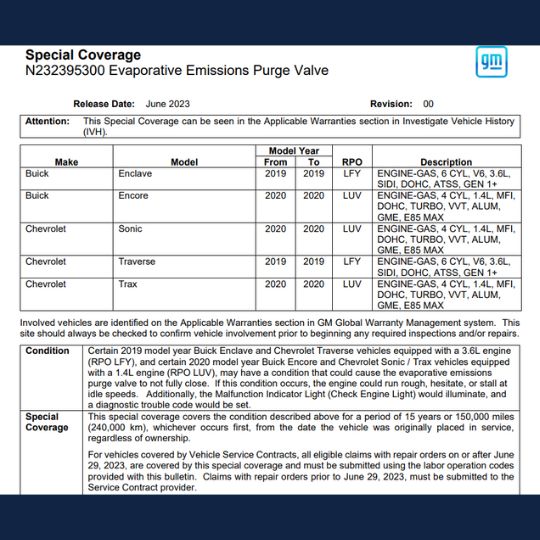 gm evaporative emissions purge valve warranty information