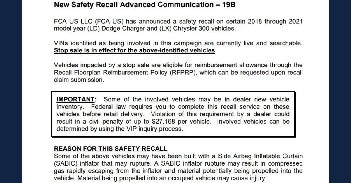 2024 Chrysler 300 And Dodge Charger Airbag Recall Overview - The Lemon ...